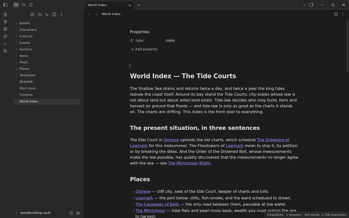 Worldbuilding dashboard (World Index) — dashboard note open in Obsidian